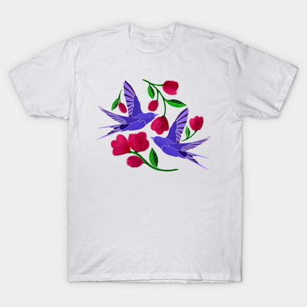 Swallows flying above flower field T-Shirt by BosskaDesign
